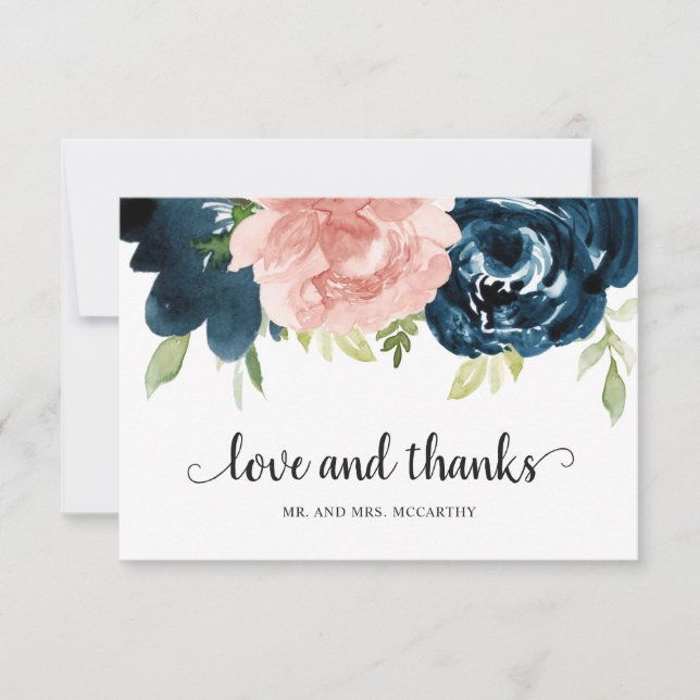 Elegant Blush Pink Navy Blue Floral Wedding Thank You Card (Front)