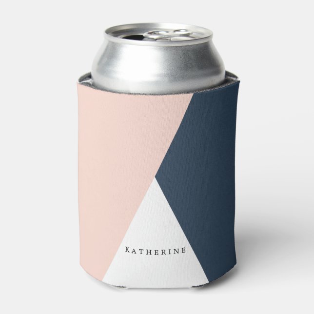 Elegant blush pink & navy blue geometric triangles can cooler (Can Front)