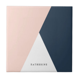 Elegant blush pink & navy blue geometric triangles ceramic tile