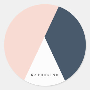 Elegant blush pink & navy blue geometric triangles classic round sticker