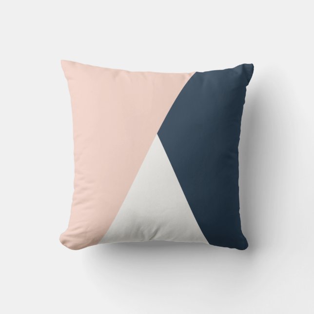 Elegant blush pink & navy blue geometric triangles cushion (Front)
