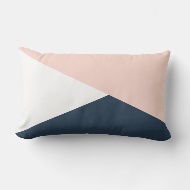 Elegant blush pink & navy blue geometric triangles lumbar cushion (Front)
