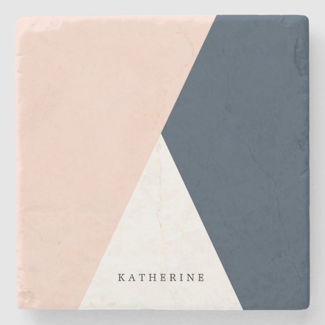 Elegant blush pink & navy blue geometric triangles stone coaster (Front)