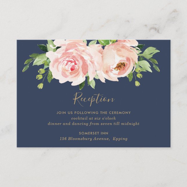 Elegant Blush Pink Navy Floral Wedding Reception Enclosure Card (Front)