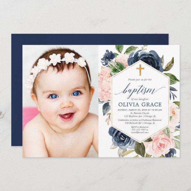 Elegant blush pink navy girl baptism floral photo invitation (Front/Back)