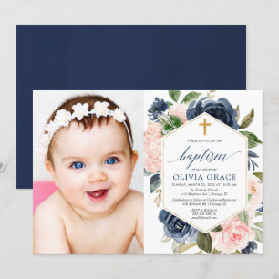 Elegant blush pink navy girl baptism floral photo invitation