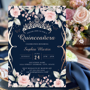 Elegant Blush Pink Navy Rose Gold Quinceanera
