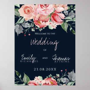 Elegant Blush Pink Navy Script Wedding Poster