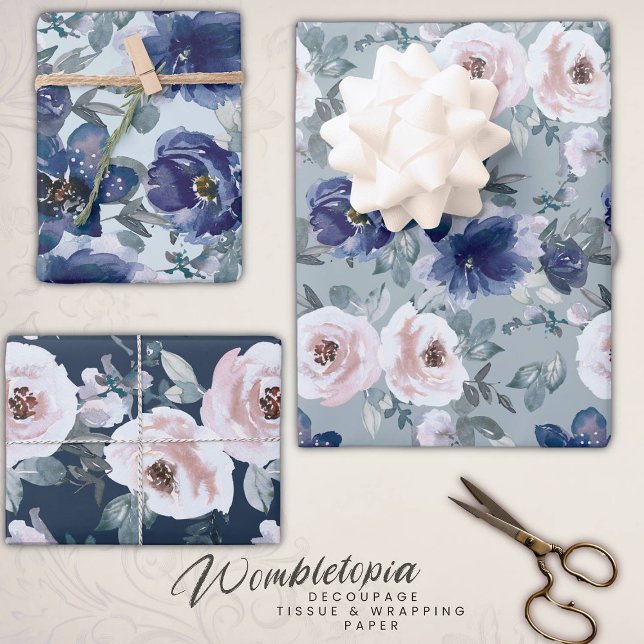 Elegant Blush Pink & Navy Watercolor Roses  Wrapping Paper Sheet (Creator Uploaded)