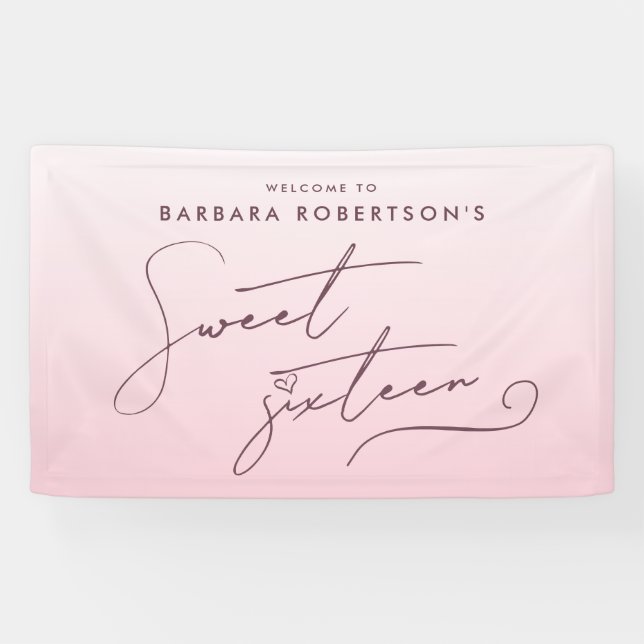Elegant Blush Pink Ombre Script Sweet Sixteen Banner (Horizontal)
