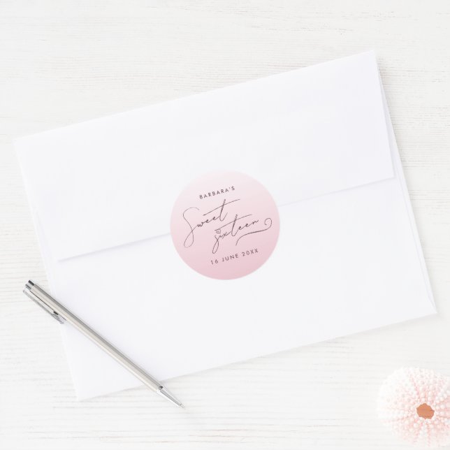 Elegant Blush Pink Ombre Script Sweet Sixteen Classic Round Sticker (Envelope)