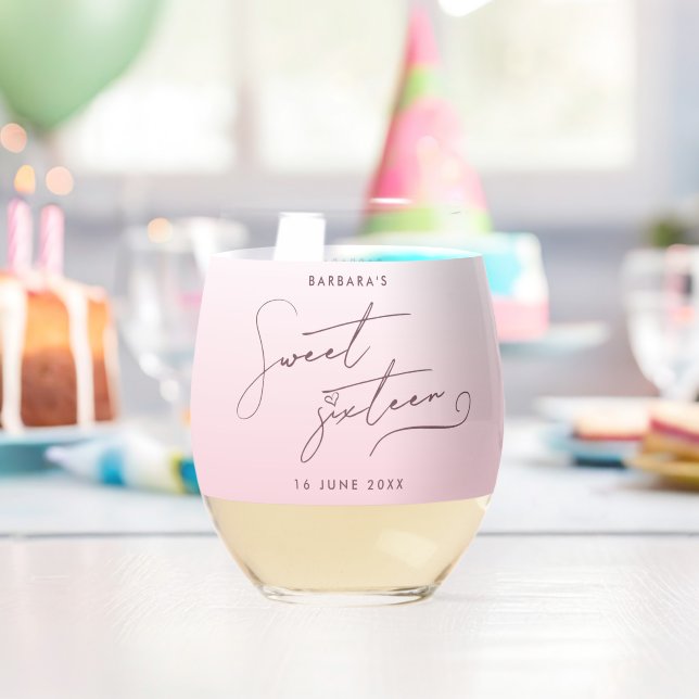 Elegant Blush Pink Ombre Script Sweet Sixteen Stemless Wine Glass (Insitu (Birthday))