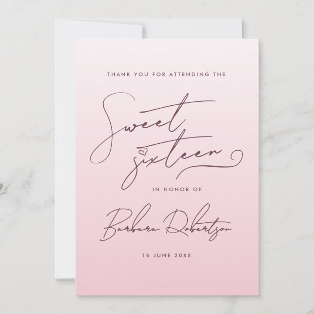 Elegant Blush Pink Ombre Script Sweet Sixteen  Thank You Card (Front)