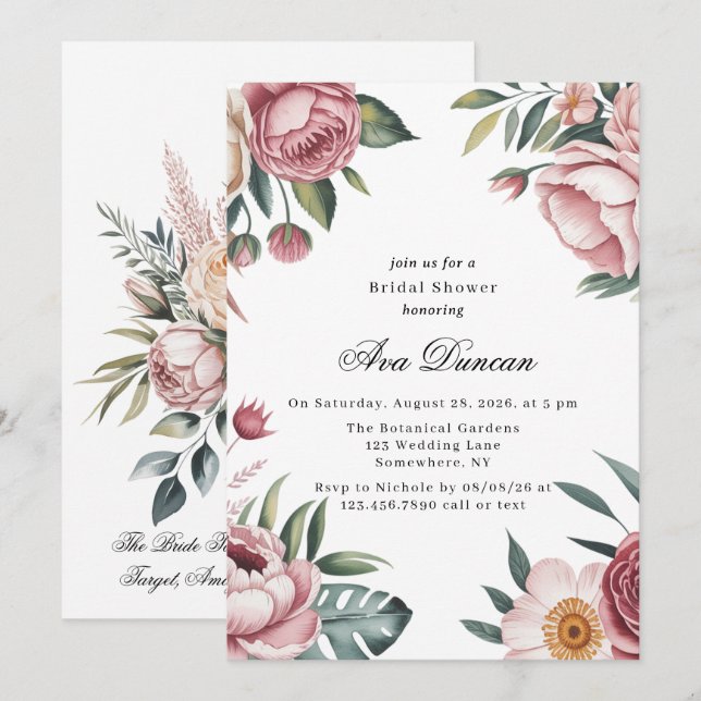 Elegant Blush Pink Painted Floral Bridal Shower Invitation (Front/Back)