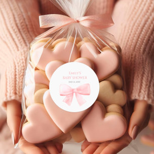 Elegant Blush Pink Pastel Bow Girl Baby Shower Classic Round Sticker