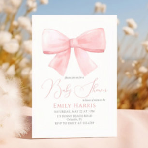 Elegant Blush Pink Pastel Bow Girl Baby Shower Invitation