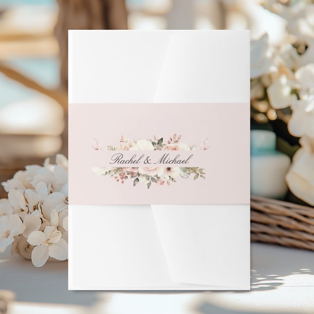 Elegant, blush-pink, pastel, flower bouquet invitation belly band (Elegant, white, pastel, flower bouquet invitation belly band with your name.)