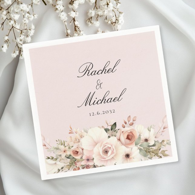 Elegant, blush-pink, pastel, flower bouquet napkin (Personalized, elegant, white, pastel, flower bouquet napkins)