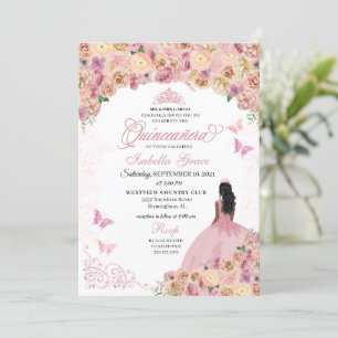 Elegant Blush Pink Peach Floral Quinceanera Invitation