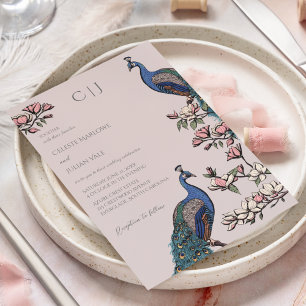 Elegant Blush Pink Peacock and Flowers Wedding Invitation