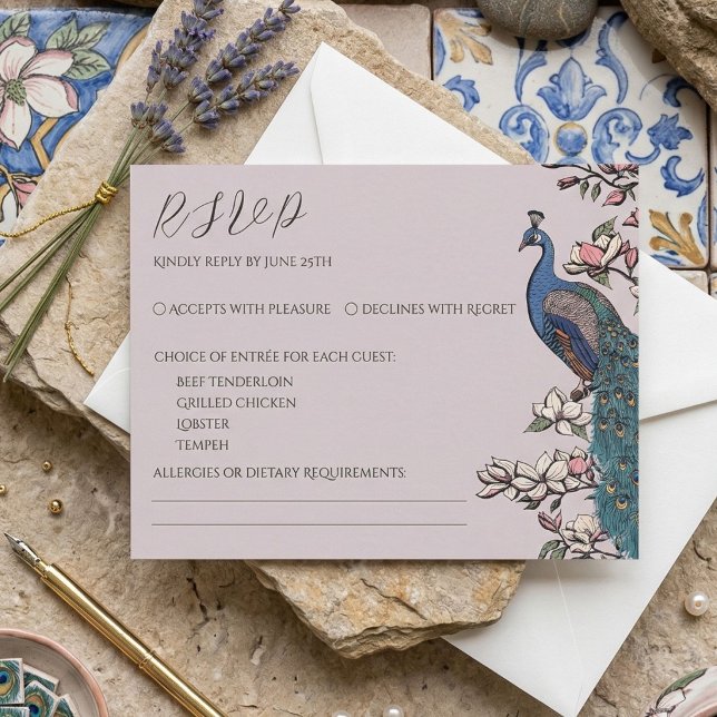 Elegant Blush Pink Peacock Response Card (Elegant pink peacock RSVP card for destination wedding with menu choices in modern chinoiserie style)