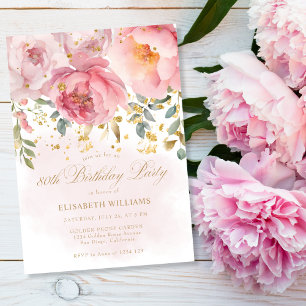 Elegant Blush Pink Peony Floral 80th Birthday Invitation