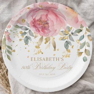 Elegant Blush Pink Peony Floral 80th Birthday Paper Plate