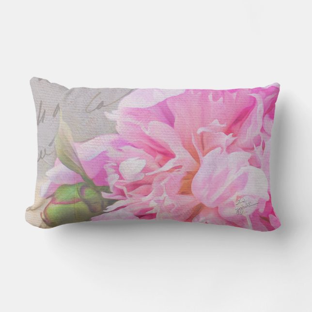 Elegant Blush Pink Peony Floral French Script Lumbar Cushion (Front)