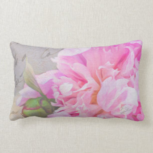 Elegant Blush Pink Peony Floral French Script Lumbar Cushion