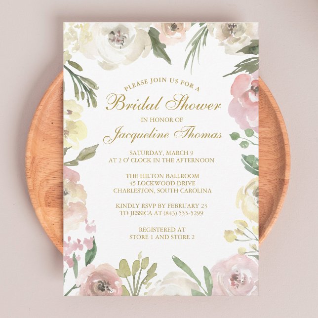 Elegant Blush Pink Peony Floral Gold Bridal Shower Invitation (Creator Uploaded)