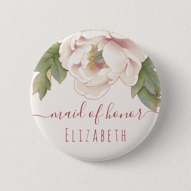 Elegant Blush Pink Peony Floral Maid of Honour 6 Cm Round Badge (Front)