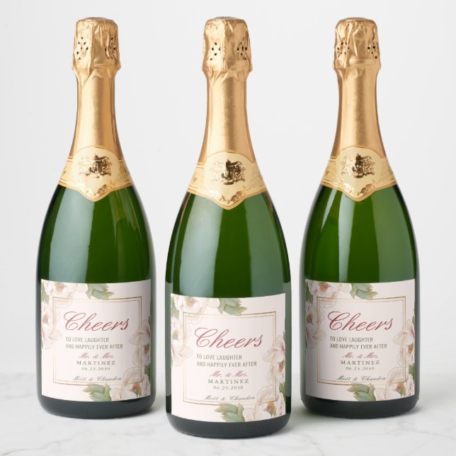 Elegant Blush Pink Peony Floral Wedding Sparkling Wine Label (Bottles)
