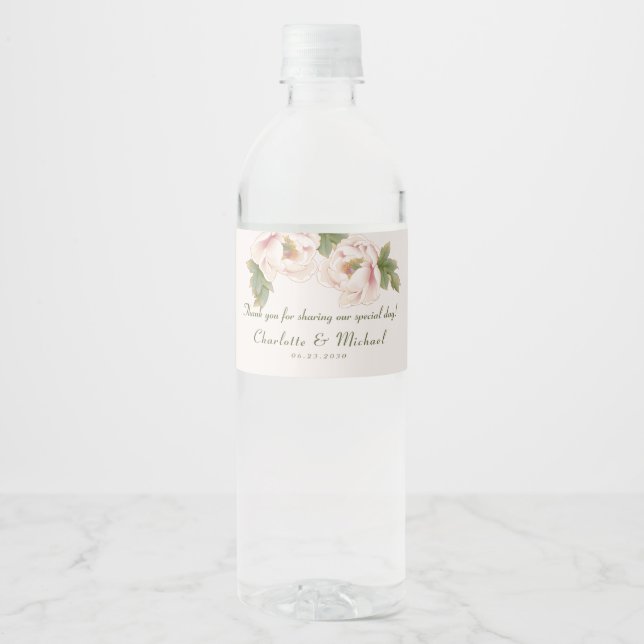 Elegant Blush Pink Peony Floral Wedding   Water Bottle Label (Front)