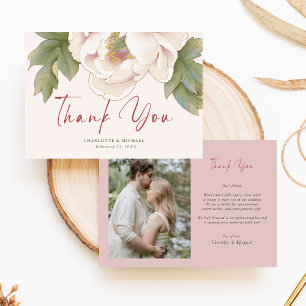 Elegant Blush Pink Peony Flower Photo Wedding Thank You Card