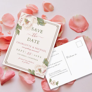 Elegant Blush Pink Peony Rose Floral Save the Date Postcard