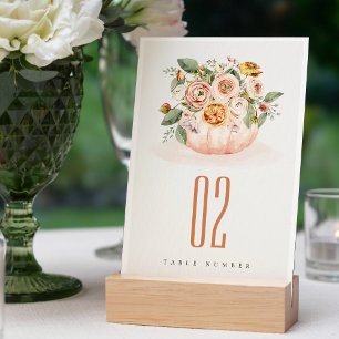 Elegant Blush Pink Pumpkin Floral Watercolor Table Number