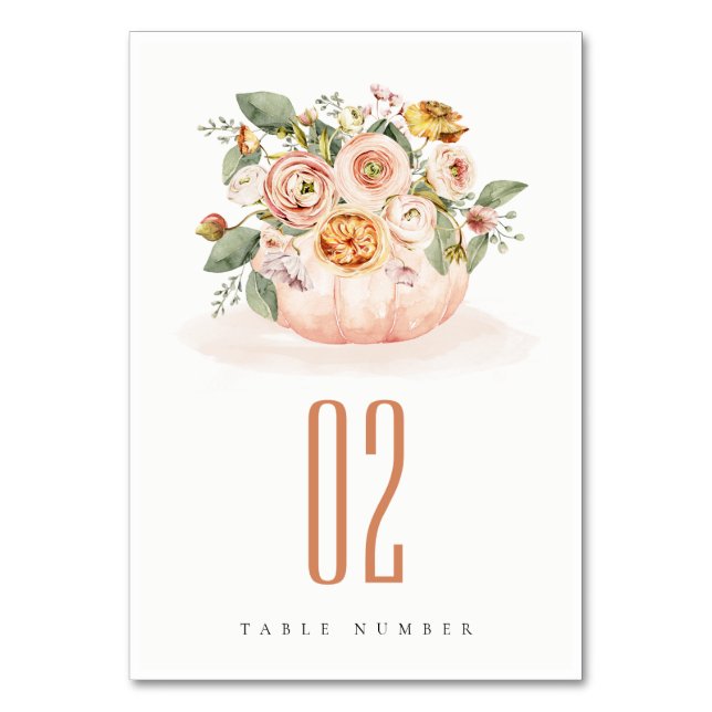 Elegant Blush Pink Pumpkin Floral Watercolor Table Number (Front)