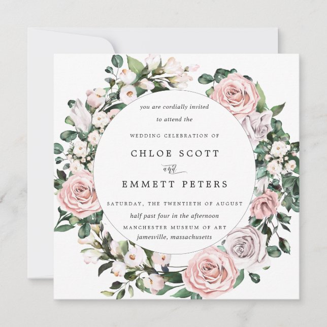 Elegant Blush Pink Purple Floral Wedding Invitation (Front)