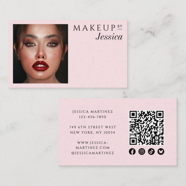 Elegant Blush Pink QR Code Social Photo Makeup Business Card (Front/Back)