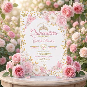 Elegant Blush Pink Quinceañera Golden Butterfly Invitation