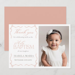 Elegant Blush Pink Ribbon Photo Baptism  Thank You Card