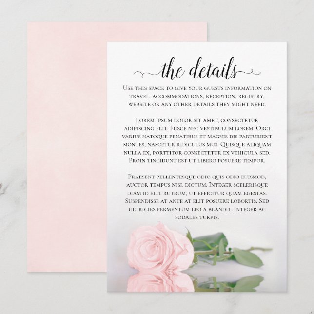 Elegant Blush Pink Romantic Rose Wedding Details Enclosure Card (Front/Back)