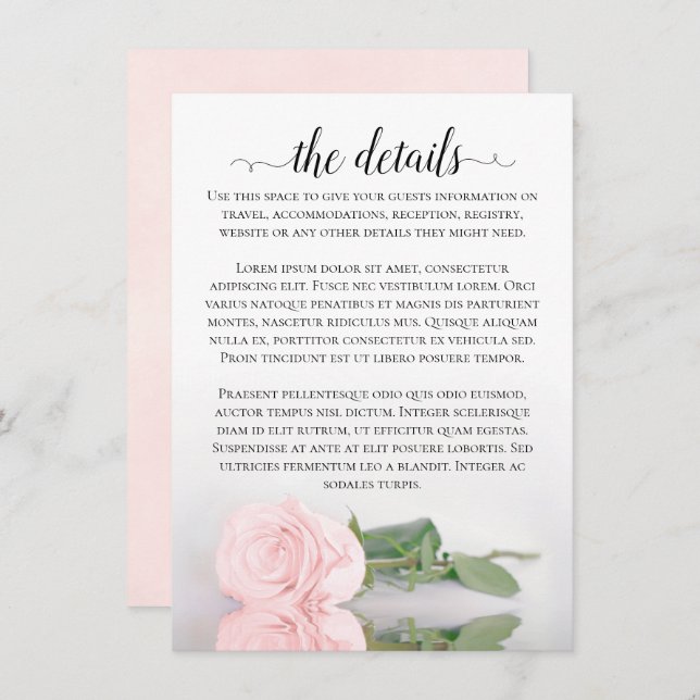 Elegant Blush Pink Romantic Rose Wedding Details Enclosure Card (Front/Back)