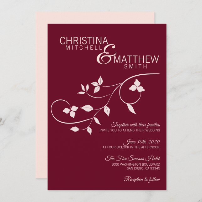 Elegant Blush Pink Rose Burgundy Wine Vine Wedding Invitation (Front/Back)