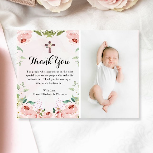 Elegant Blush Pink Rose Floral Baptism Photo Thank You Card (Creator Uploaded)