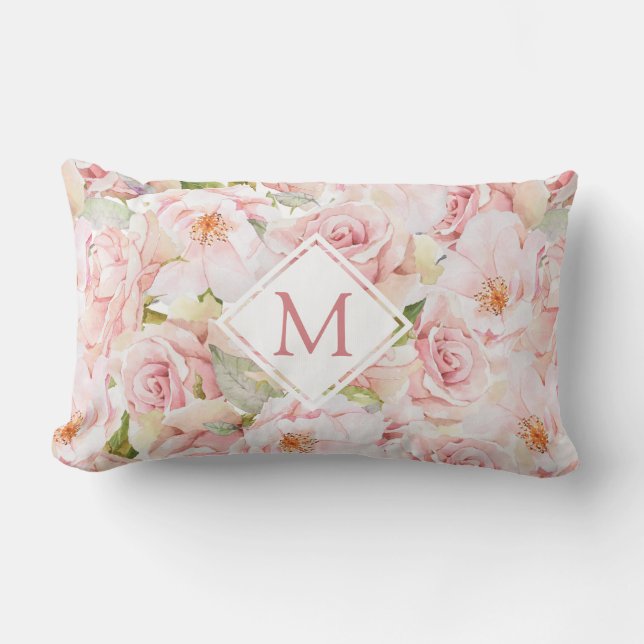 Elegant Blush Pink Rose Floral Monogram Lumbar Cushion (Front)