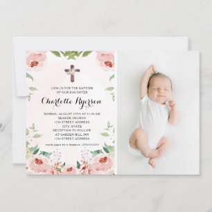 Elegant Blush Pink Rose Floral Photo Baptism Invitation