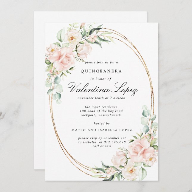 Elegant Blush Pink Rose Floral Quinceanera Invitation (Front/Back)
