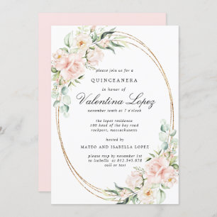 Elegant Blush Pink Rose Floral Quinceanera Invitation