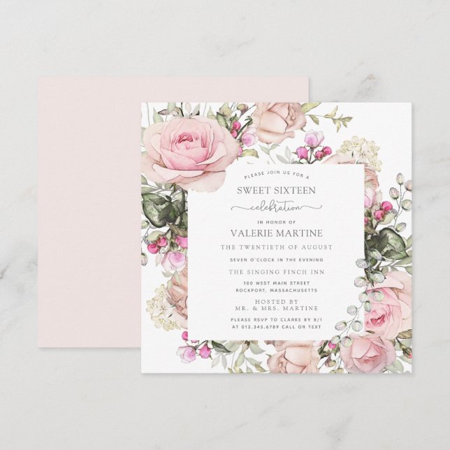 Elegant Blush Pink Rose Floral Sweet 16 Party Invitation (Front/Back)
